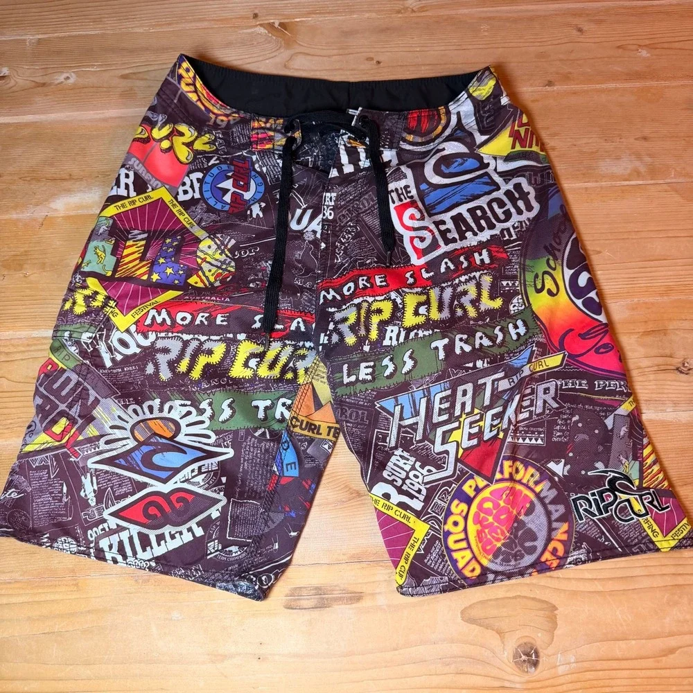 Vintage Rip Curl Mens Board Shorts Size 32 Multicolor Collage Print Surf Swim